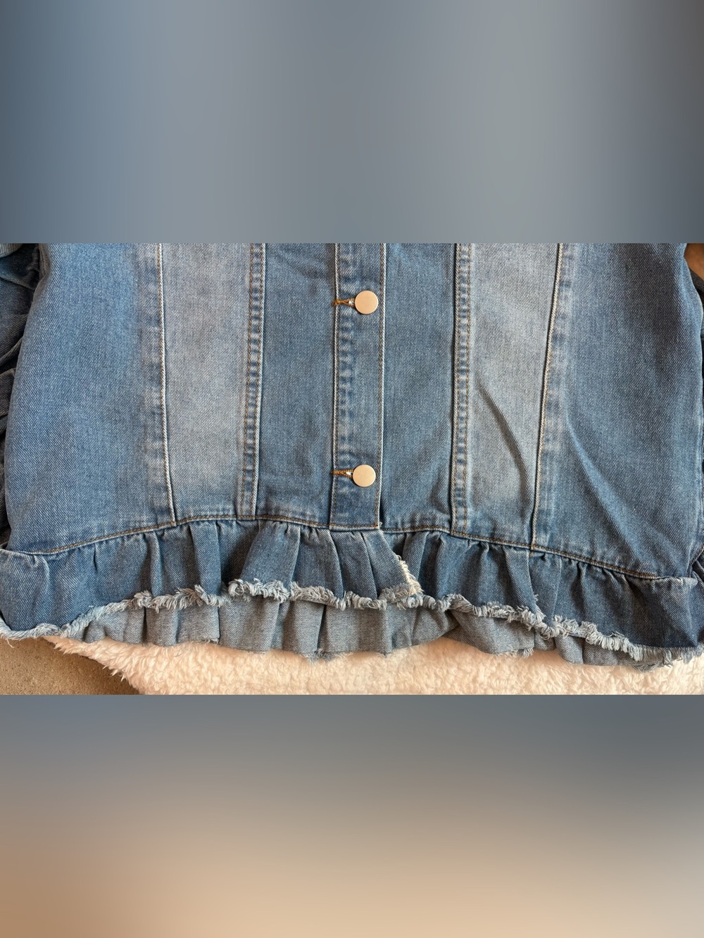 Three Bird Nest Scottie Ruffle Denim Jacket S/M Cropped Boho Jean Jacket - Picture 8 of 12